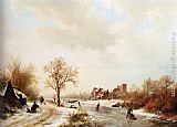 Frozen Canvas Paintings - Winterlandschap A Winter Landscape With Skaters On A Frozen Waterway And Peasants By A Farm In The Foreground